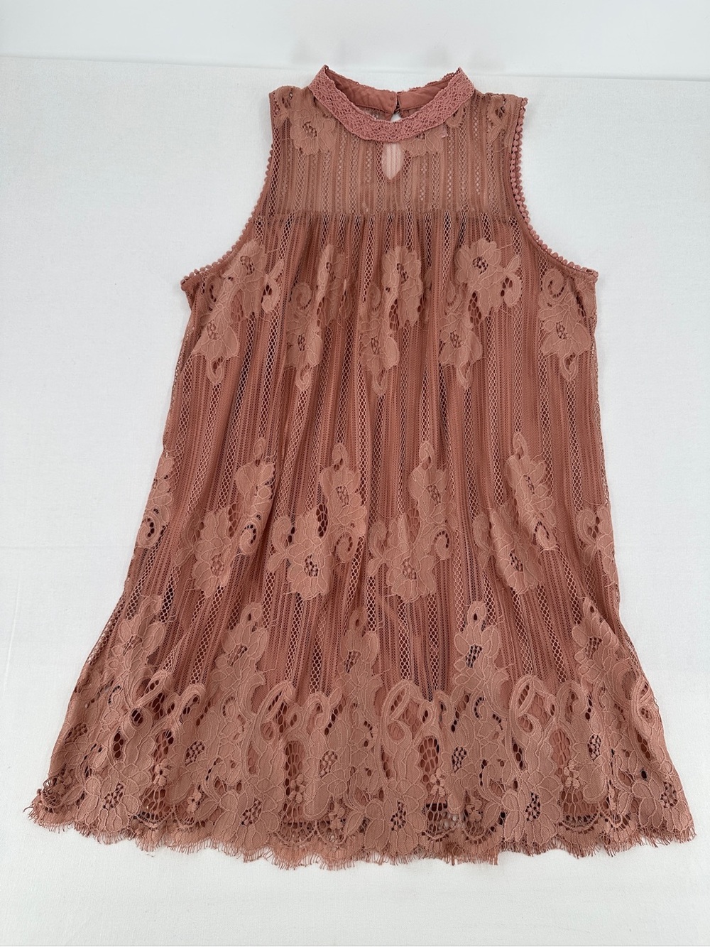 Romantic Floral Lace Babydoll Mini Dress XXL Dusty Rose Scalloped Boho - Picture 2 of 11